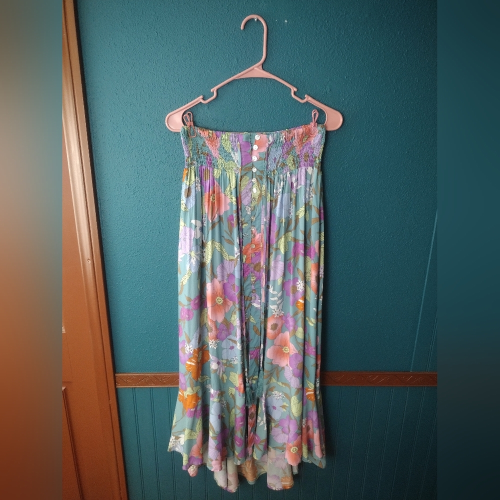 Rachel Roy Boho Chic Whimsy Floral Multicolor Front Slit Smocked Maxi Skirt